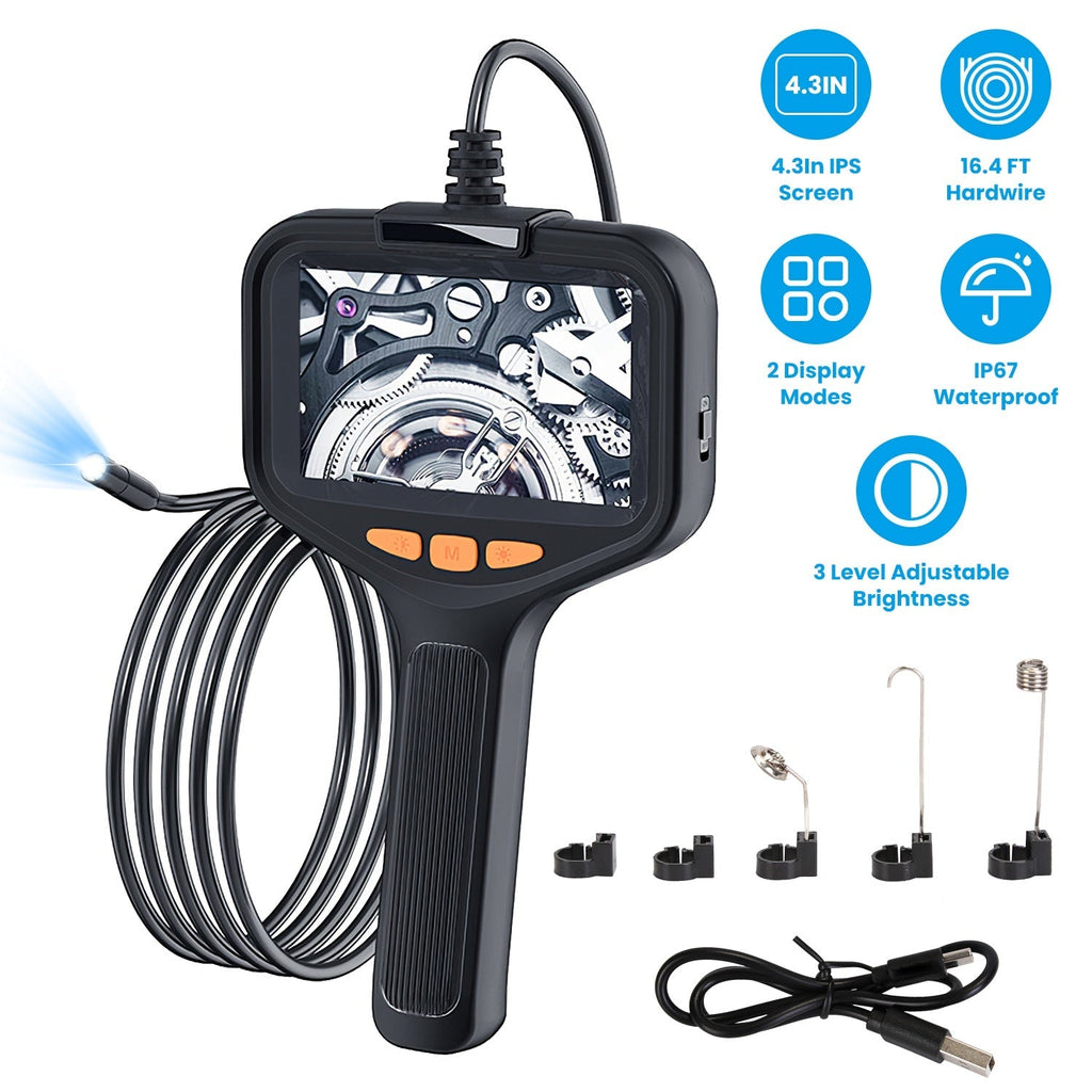 4.3in Inspection Camera with Light Articulating Borescope Endoscope Camera with 16.4FT Wire 2 Modes 3 Adjustable Brightness IP67 Waterproof for Plumbi