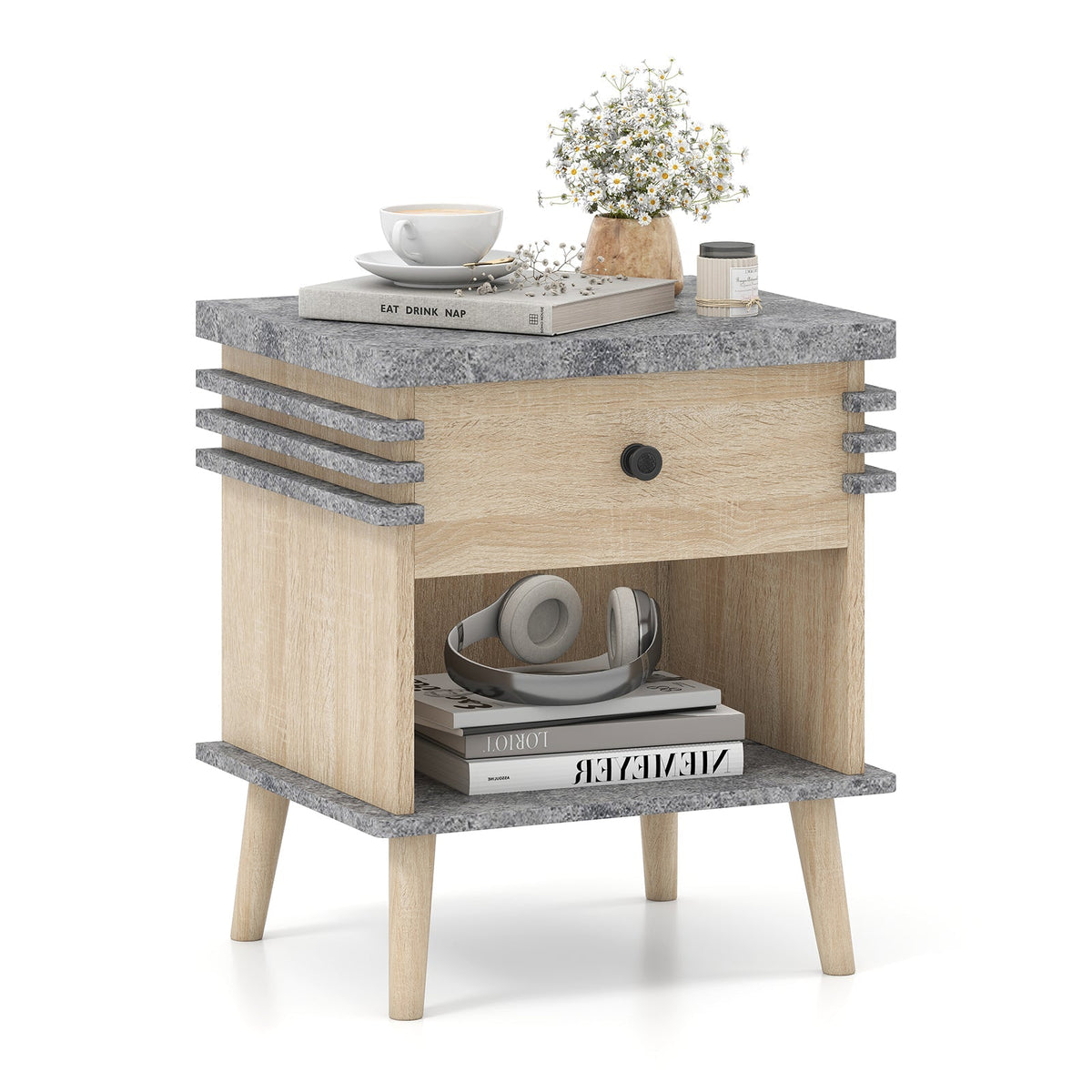3-Tier Bedside Table Nightstand with Antique Grey Faux Marble Top-Grey