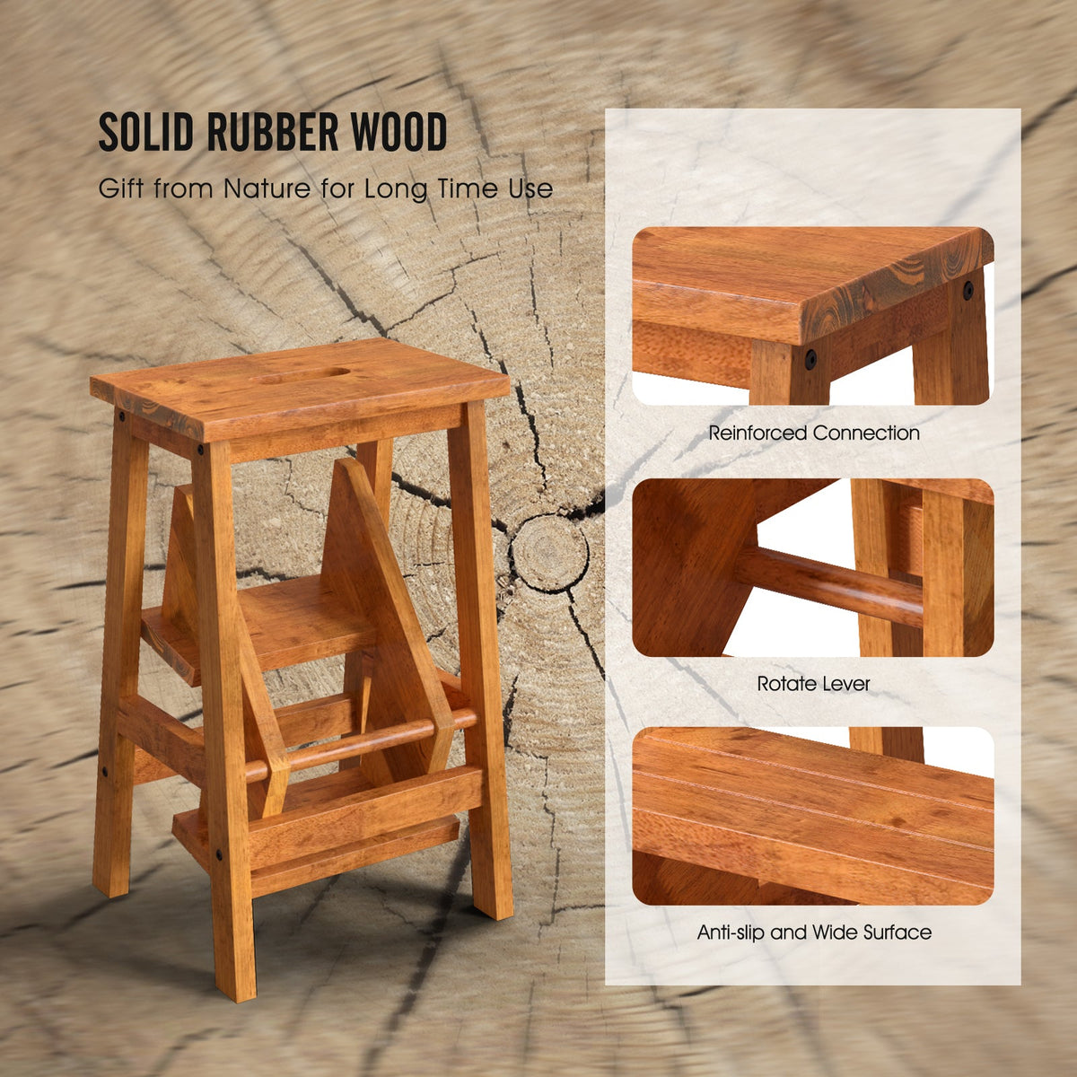 3-in-1 Rubber Wood Step Stool with Convenient Handle-Dark Brown
