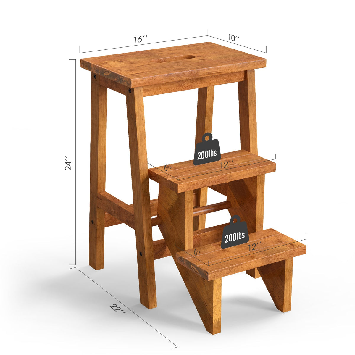 3-in-1 Rubber Wood Step Stool with Convenient Handle-Dark Brown