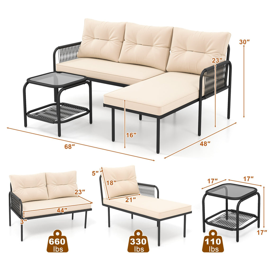 3-Piece L Shaped Patio Furniture Set PE Rattan Sectional Sofas-Beige