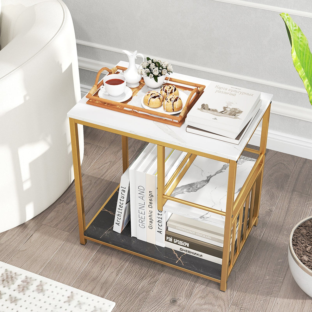 3-Tier Multi-function Marble End Table with Storage Shelf-Golden