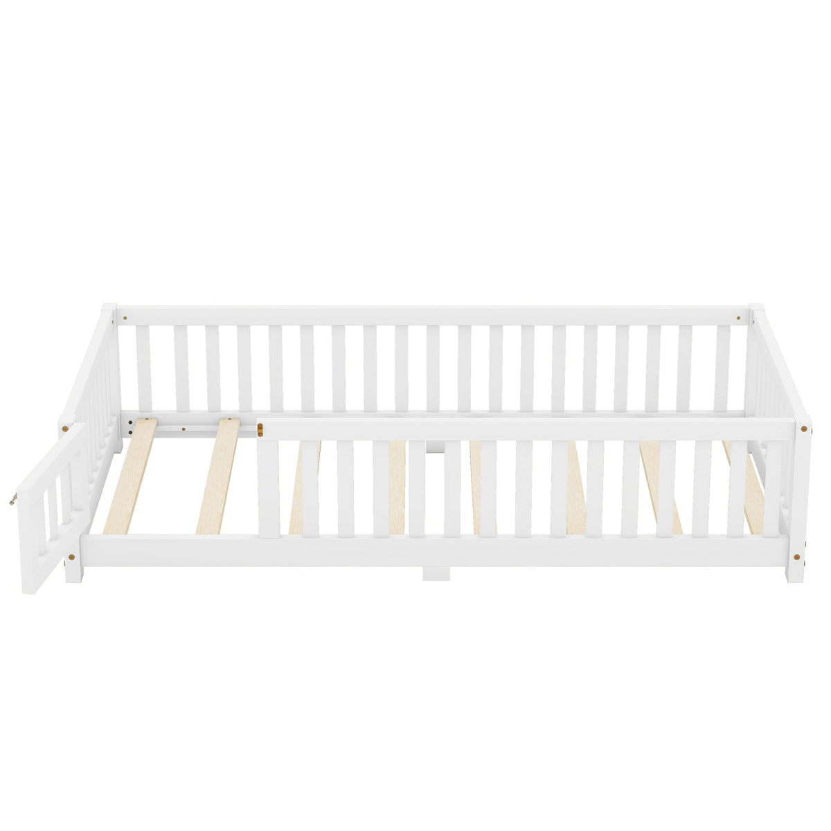 Twin Size Bed Floor Bed with Safety Guardrails and Door for Kids, White