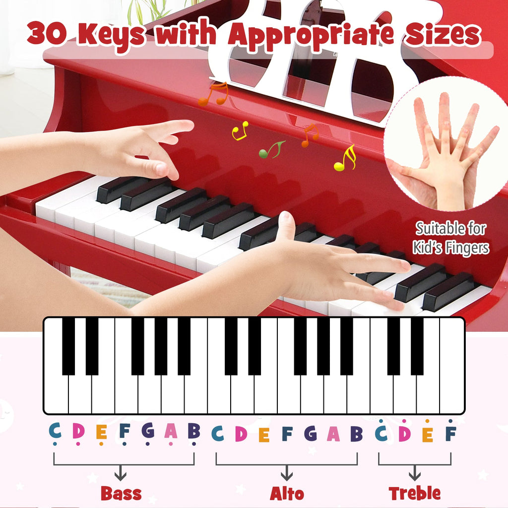30-Key Wood Toy Kids Grand Piano with Bench and Music Rack-Red