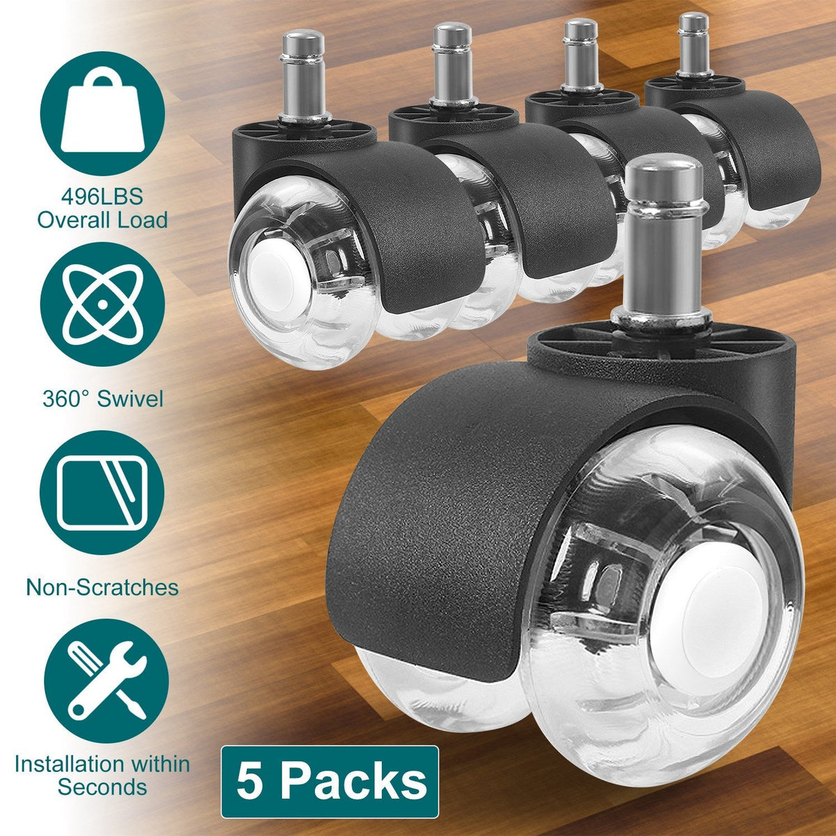 5Pcs Office Chair Wheels Polyurethane Rolling Caster Replacement for Hardwood Floor Carpet Universal Fit 496LBS Max Load