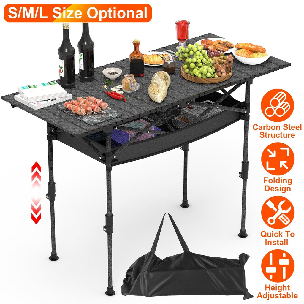 Portable Folding Camping Table With Adjustable Height Hanging Net Rustproof Carbon Steel Foldable Roll-Up Camping Table for Picnic Camping Hiking Beac