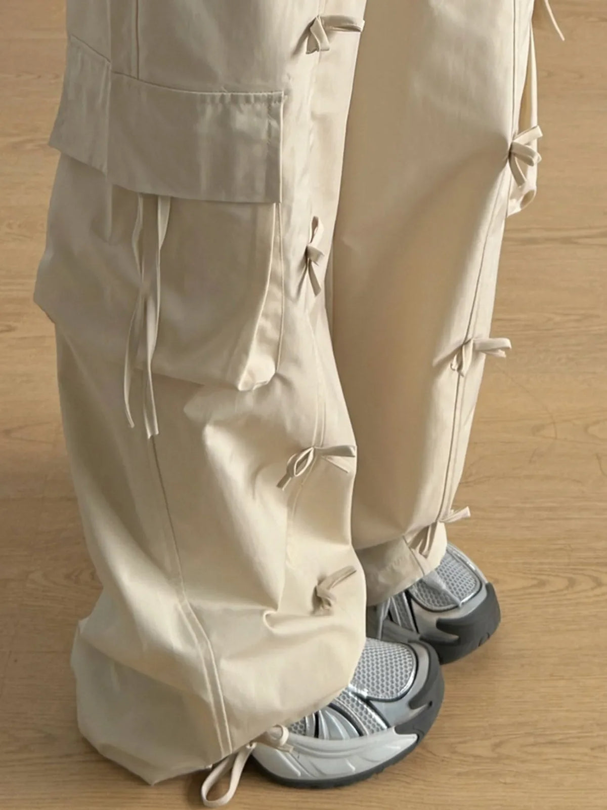 Bow Elastic Waist Cargo Pants
