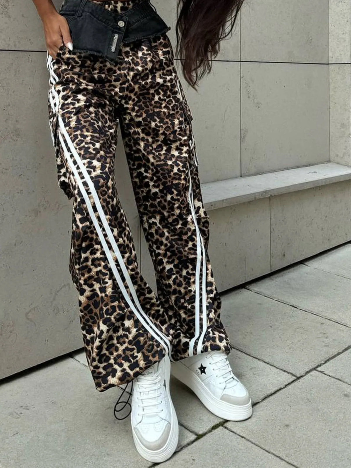 Leopard Print Wide Leg Pants with Side Stripe Detail
