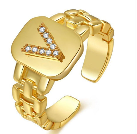 Letter Series Gold-plated Zircon Strap Design Ring
