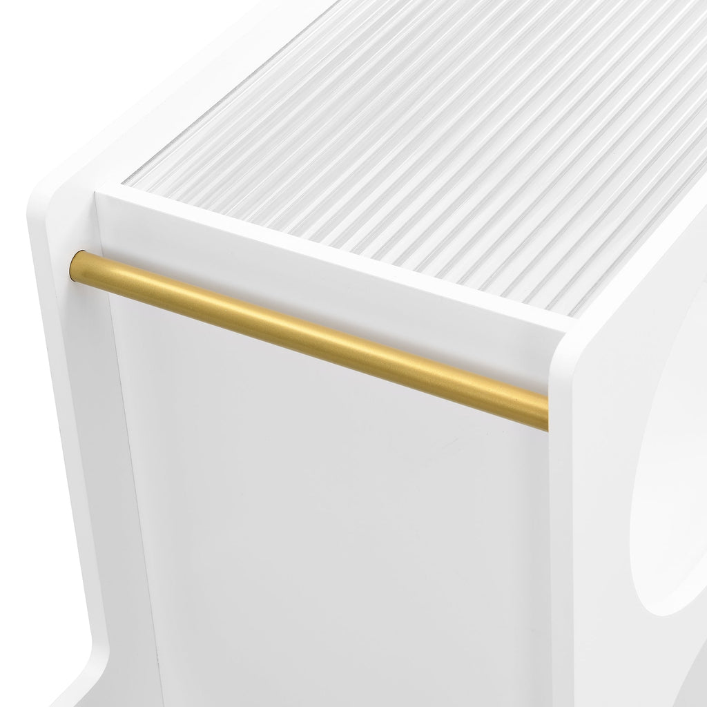 Stylish mobile desk with lockable wheels, white bedside table with 5mm thick grooved tempered glass and gold round bars
