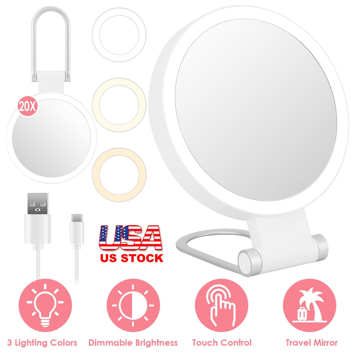 20X/1X Double-Sided Magnifying Makeup Mirror With Light Rechargeable Travel Makeup Mirror With 3 Colors Dimmable Brightness Adjustable Stand Vanity Ta