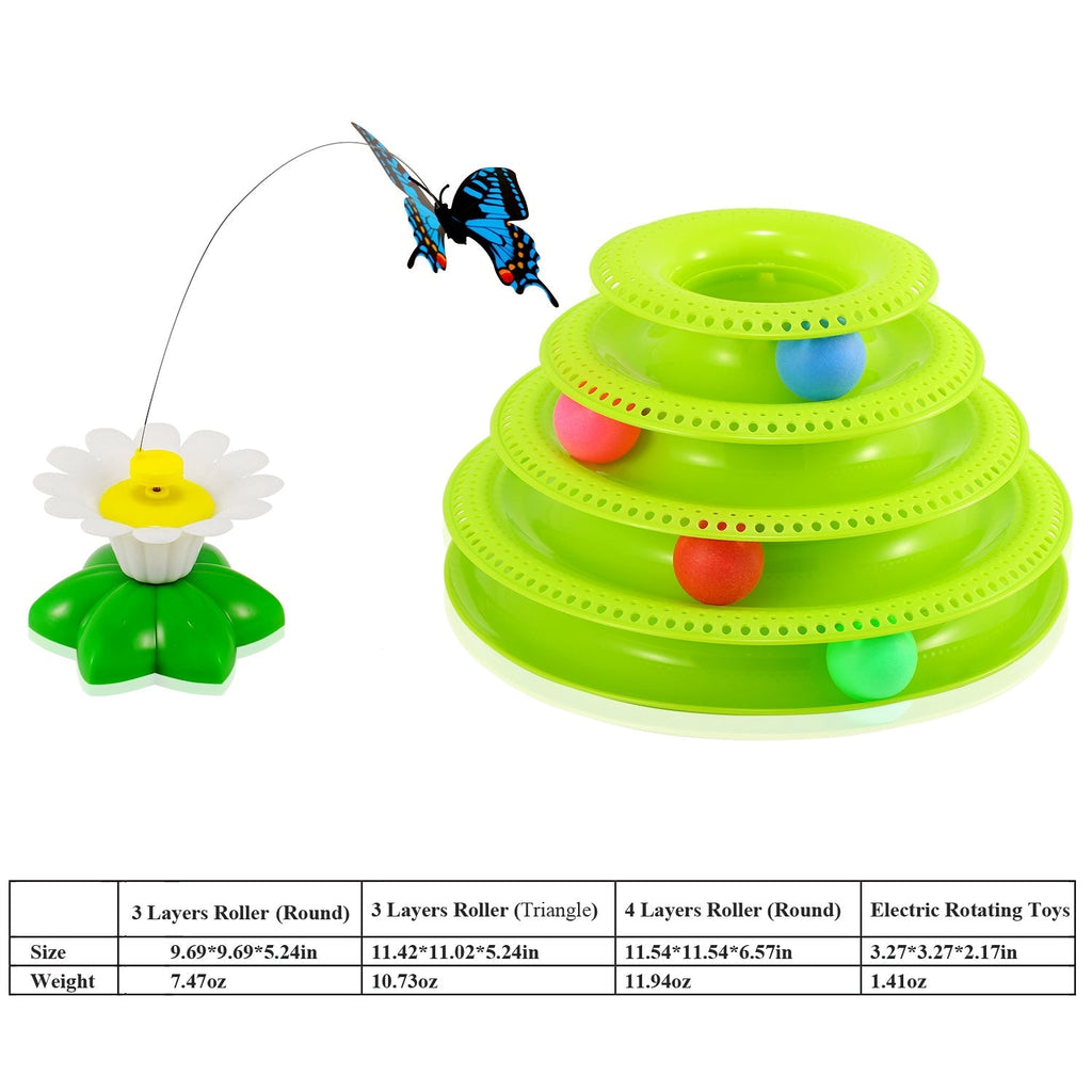 Cat Track Tower Toys 4-Layer Ball Track Interactive Cat Toys Electric Rotate Butterfly Birds