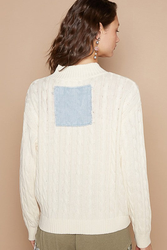 Back To School Sweater - POL Cable-Knit Peace Patch Dropped Shoulder Sweater