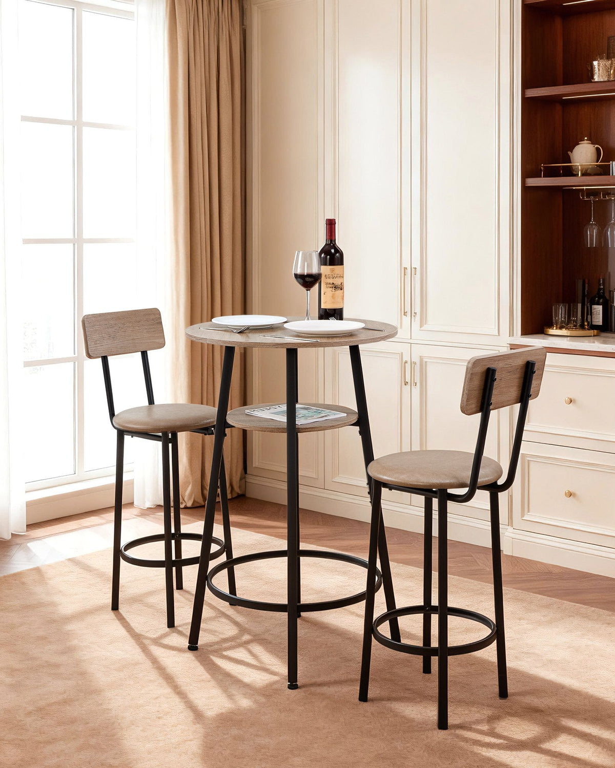 Bar Table, 3PCS 23.5 Bars Tables Set, Bar Tables and Chair Set with Rounded Corner Design, Round Pub Table with Two Stools for Office Desk, Breakfast Corner, Mini Bars, Light Gray, Black