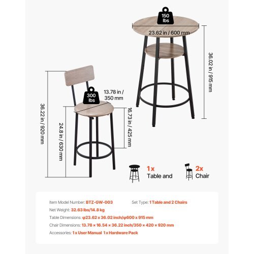 Bar Table, 3PCS 23.5 Bars Tables Set, Bar Tables and Chair Set with Rounded Corner Design, Round Pub Table with Two Stools for Office Desk, Breakfast Corner, Mini Bars, Light Gray, Black