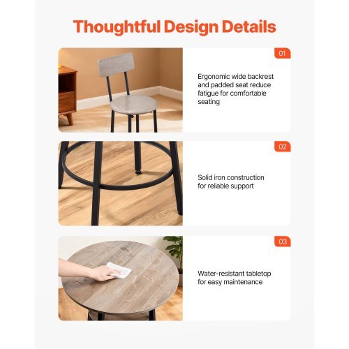 Bar Table, 3PCS 23.5 Bars Tables Set, Bar Tables and Chair Set with Rounded Corner Design, Round Pub Table with Two Stools for Office Desk, Breakfast Corner, Mini Bars, Light Gray, Black