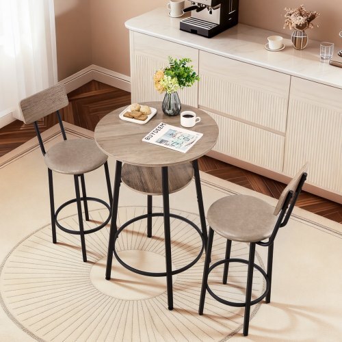 Bar Table, 3PCS 23.5 Bars Tables Set, Bar Tables and Chair Set with Rounded Corner Design, Round Pub Table with Two Stools for Office Desk, Breakfast Corner, Mini Bars, Light Gray, Black