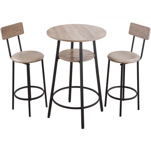 Bar Table, 3PCS 23.5 Bars Tables Set, Bar Tables and Chair Set with Rounded Corner Design, Round Pub Table with Two Stools for Office Desk, Breakfast Corner, Mini Bars, Light Gray, Black