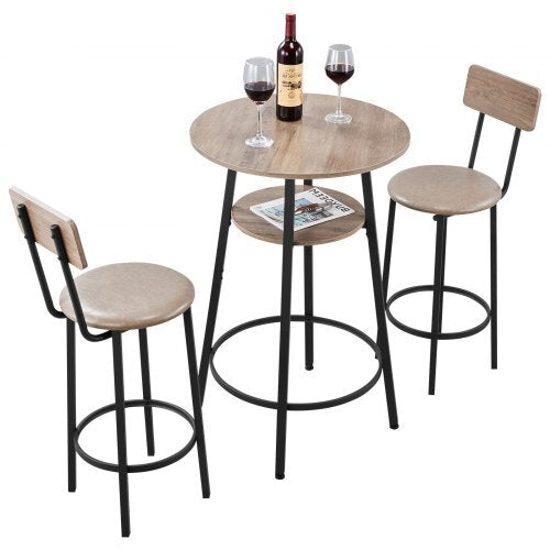 Bar Table, 3PCS 23.5 Bars Tables Set, Bar Tables and Chair Set with Rounded Corner Design, Round Pub Table with Two Stools for Office Desk, Breakfast Corner, Mini Bars, Light Gray, Black