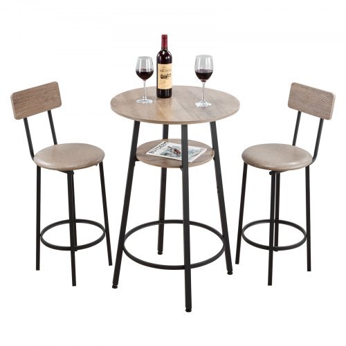 Bar Table, 3PCS 23.5 Bars Tables Set, Bar Tables and Chair Set with Rounded Corner Design, Round Pub Table with Two Stools for Office Desk, Breakfast Corner, Mini Bars, Light Gray, Black
