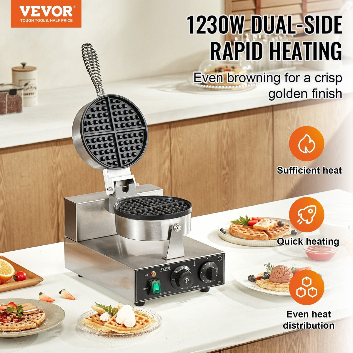 Commercial Waffle Maker, 1230W Round Waffle Baker Machine, Non-Stick Stainless Steel Belgian Waffle Iron with Temperature and Time Control, Handle, for Restaurant Bakery Snack Bar Family