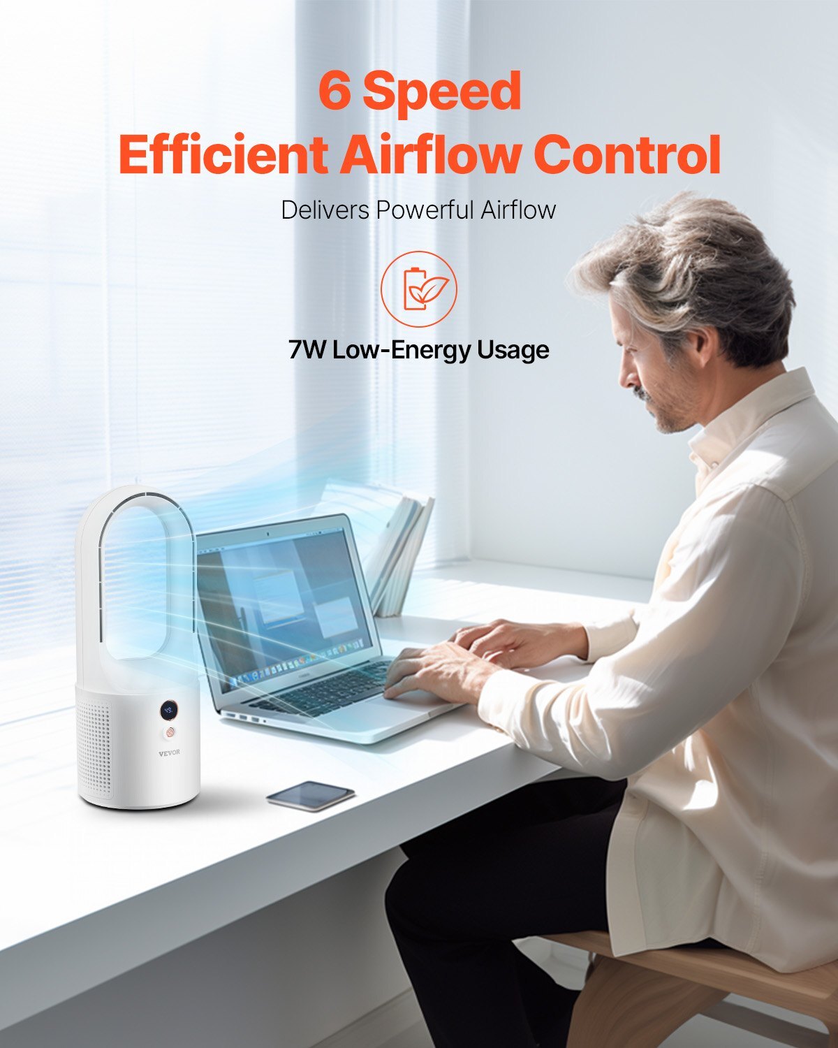 Desk Fan Bladeless, 12.99 Inch Portable Desk Fan, 6-Speed USB Quiet Cooling Small Tower Fan with Rechargeable Battery, Easy to Clean & Kids-Friendly, Blows Cold Air for Bedroom, Office, Home