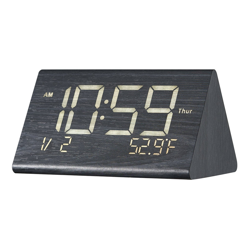 Digital Alarm Clock, Wooden Desk Clock with Dual Alarm, USB Port, Snooze, Night Light, Voice Control, Adjustable Volume, Bedside Desktop Clock with Charger for Bedroom, Kitchen, Office, Black