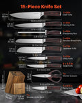 Kitchen Knife Set with Block and Sharpener, 15 Piece High Carbon Stainless Steel Knife Set, Rust-Resistant Kitchen Cutlery with Ergonomic Handle, Sharpening Rod & Premium Wooden Block, for Home