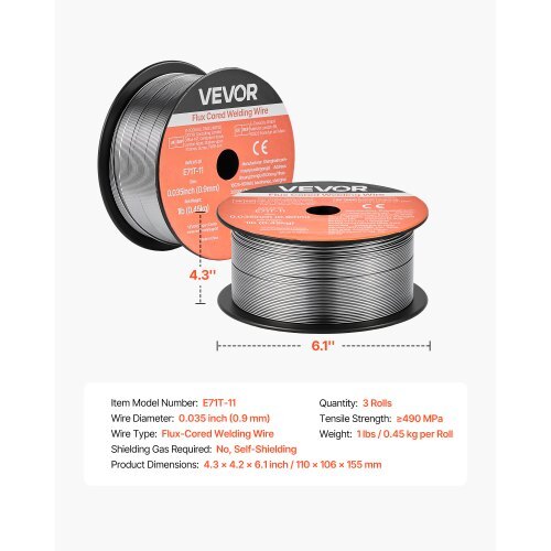 Flux Core MIG Welding Wire, E71T-11 0.035-inch 1 LBS, Gasless Mild Steel Welding Wire with Low Spatter for All Position Arc Welding, Self-Shielded for Outdoor Use (Pack of 3 Rolls)