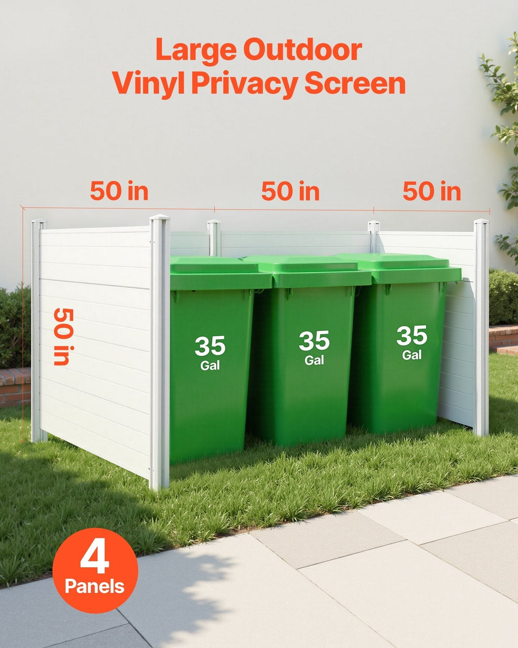 4 Panels Outdoor Privacy Screen, 50 x 50 in Air Conditioner Fence with 27.6 in Ground Stakes, Pool Equipment Enclosure, Horizontal Vinyl Privacy Fence, Ideal for Trash Can and A/C Units, White