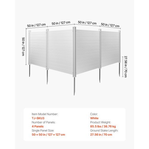 4 Panels Outdoor Privacy Screen, 50 x 50 in Air Conditioner Fence with 27.6 in Ground Stakes, Pool Equipment Enclosure, Horizontal Vinyl Privacy Fence, Ideal for Trash Can and A/C Units, White