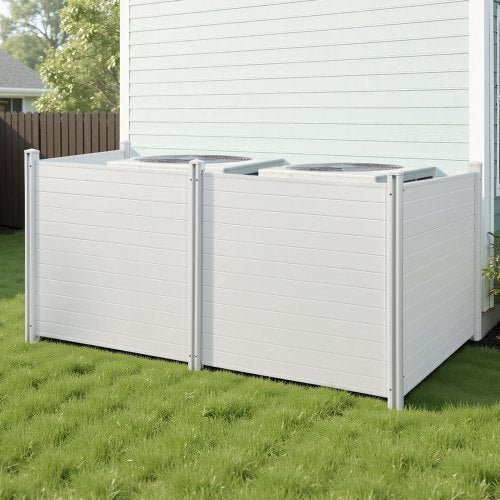 4 Panels Outdoor Privacy Screen, 50 x 50 in Air Conditioner Fence with 27.6 in Ground Stakes, Pool Equipment Enclosure, Horizontal Vinyl Privacy Fence, Ideal for Trash Can and A/C Units, White