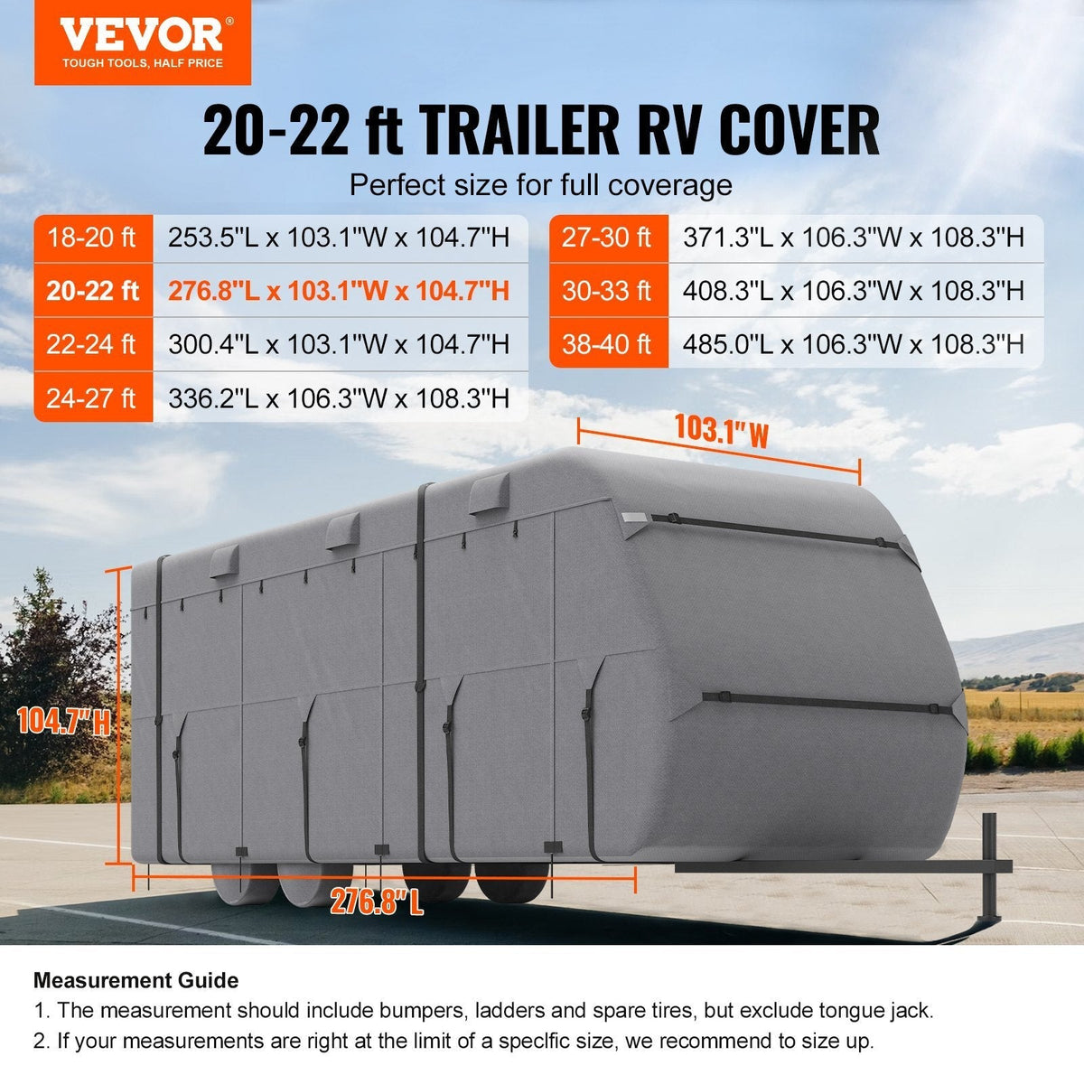Travel Trailer Cover, 20-22 ft RV Cover, 4-Layer Non-Woven Fabric Camper Cover, Waterproof, Windproof and Rip-Stop Class A RV Cover, with Storage Bag, Repair Patches, Straps and Tire Covers
