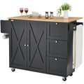 Kitchen Island Cart, 56" Wood Top Mobile Carts with Storage Cabinet, Rolling Table with Drop Leaf, Spice Rack, Towel Bar, Adjustable Shelf, Drawer, and Hooks, Portable Islands on Wheels, Black
