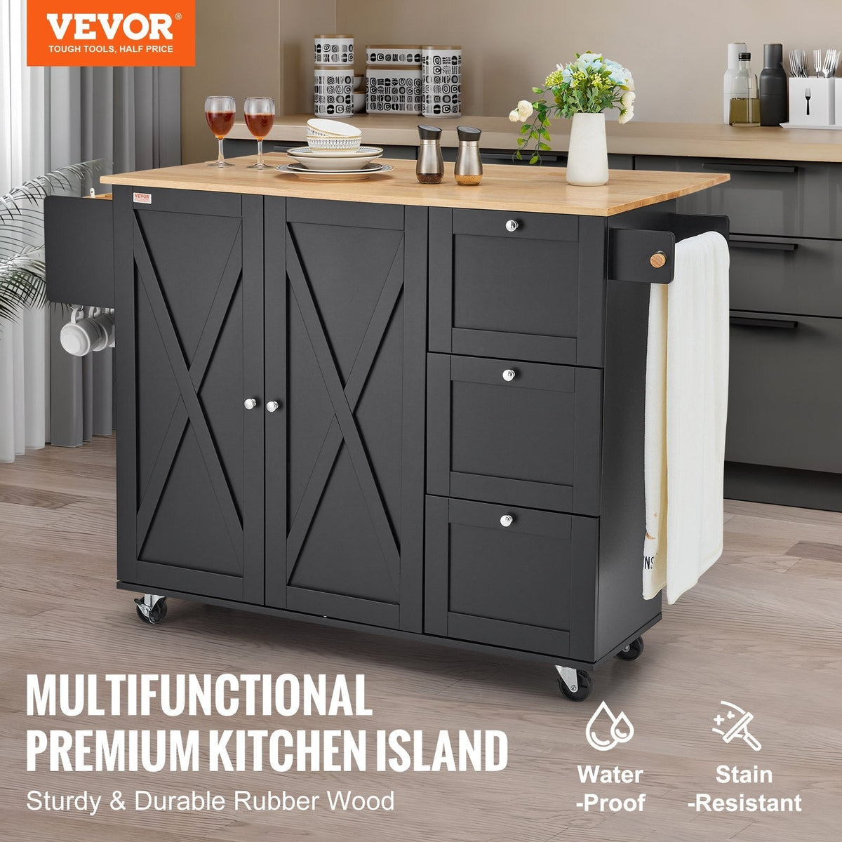 Kitchen Island Cart, 56" Wood Top Mobile Carts with Storage Cabinet, Rolling Table with Drop Leaf, Spice Rack, Towel Bar, Adjustable Shelf, Drawer, and Hooks, Portable Islands on Wheels, Black