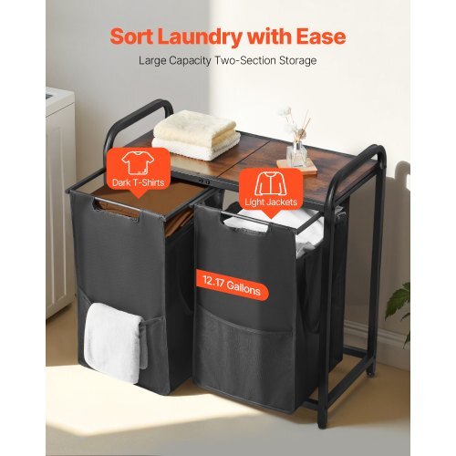 2 Section Laundry Sorter, Large Laundry Hamper with Metal Frame and Wooden Tabletop, Freestanding Storage Organizer Baskets with Pull-Out 600D Oxford Cloth Bags for Dirty Clothes, Bathroom