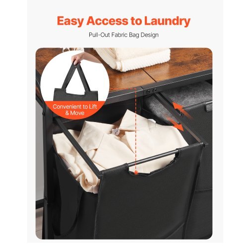 2 Section Laundry Sorter, Large Laundry Hamper with Metal Frame and Wooden Tabletop, Freestanding Storage Organizer Baskets with Pull-Out 600D Oxford Cloth Bags for Dirty Clothes, Bathroom