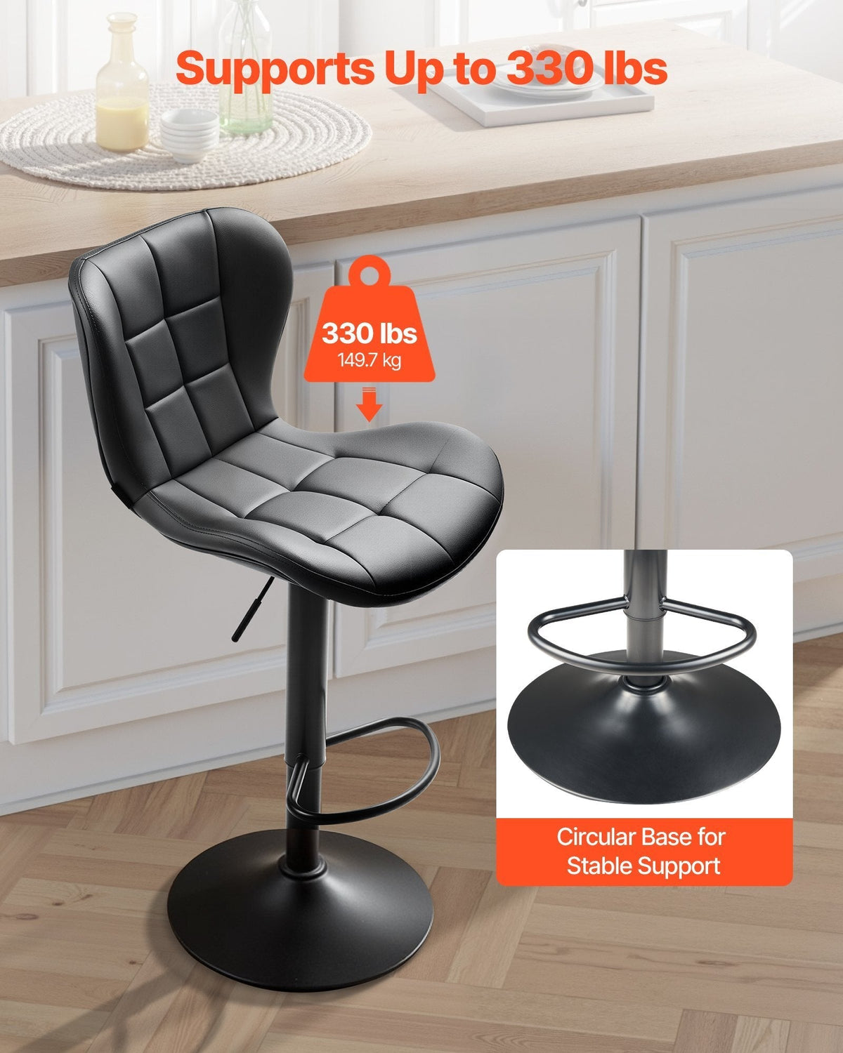 Bar Stool Set of 2, Modern PU Leather Counter Height Stools, Swivel Kitchen Barstool with Back and Footrest, Height Adjustable Armless Bar Chair, Island Barstools for Kitchen, Dining Room, Black
