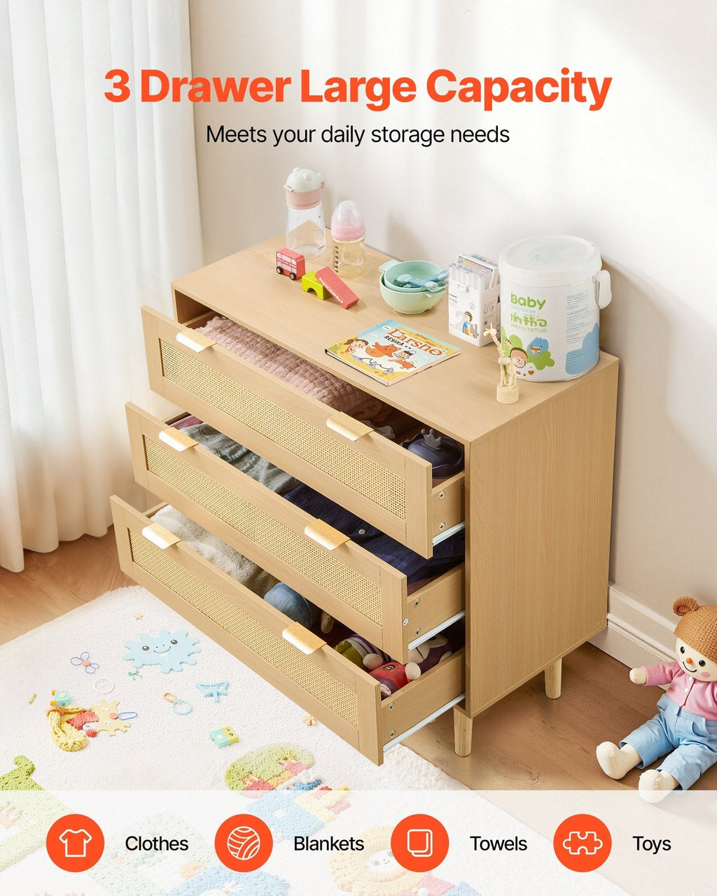 3 Drawer Rattan Dresser, Modern Closet Dresser for Bedroom, Natural Rattan Chest of Drawers with Metal Handles & Wooden Legs, Chest Clothing Organizer & Storage for Bedroom, Living Room, Hallway
