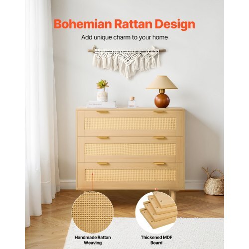 3 Drawer Rattan Dresser, Modern Closet Dresser for Bedroom, Natural Rattan Chest of Drawers with Metal Handles & Wooden Legs, Chest Clothing Organizer & Storage for Bedroom, Living Room, Hallway