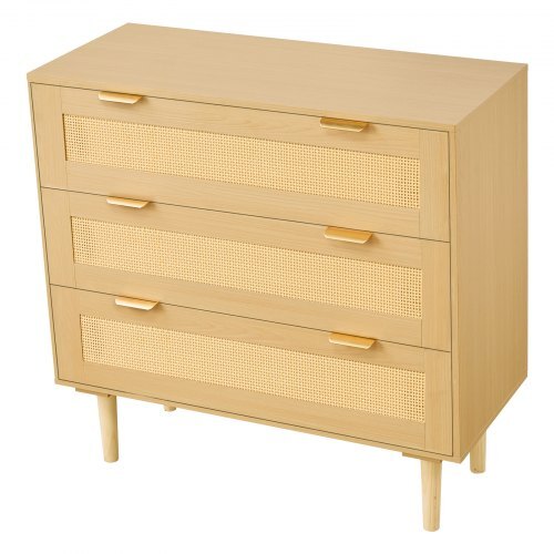 3 Drawer Rattan Dresser, Modern Closet Dresser for Bedroom, Natural Rattan Chest of Drawers with Metal Handles & Wooden Legs, Chest Clothing Organizer & Storage for Bedroom, Living Room, Hallway