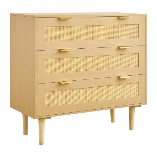 3 Drawer Rattan Dresser, Modern Closet Dresser for Bedroom, Natural Rattan Chest of Drawers with Metal Handles & Wooden Legs, Chest Clothing Organizer & Storage for Bedroom, Living Room, Hallway