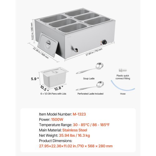 Commercial Food Warmer, 1500W Electric Stainless Steel Steam Food Warmer with Lid, 6-Pan Fast Heating Countertop Buffet Bain Marie with Soup & Perforated Ladles, for Catering, Restaurant, Party
