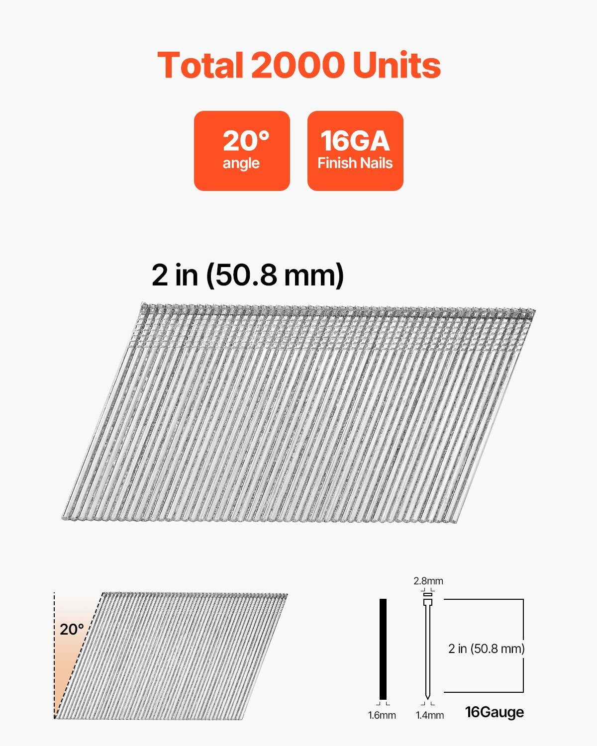 16 Gauge Finish Nails, 2 in Angled Finishing Nails, 2000-Count Galvanized Finishing Nail, 20-Degree Heavy-Duty Brad Nail with Galvanized Anti-Rust Process, for 16GA 20? Angled Finish Nailers