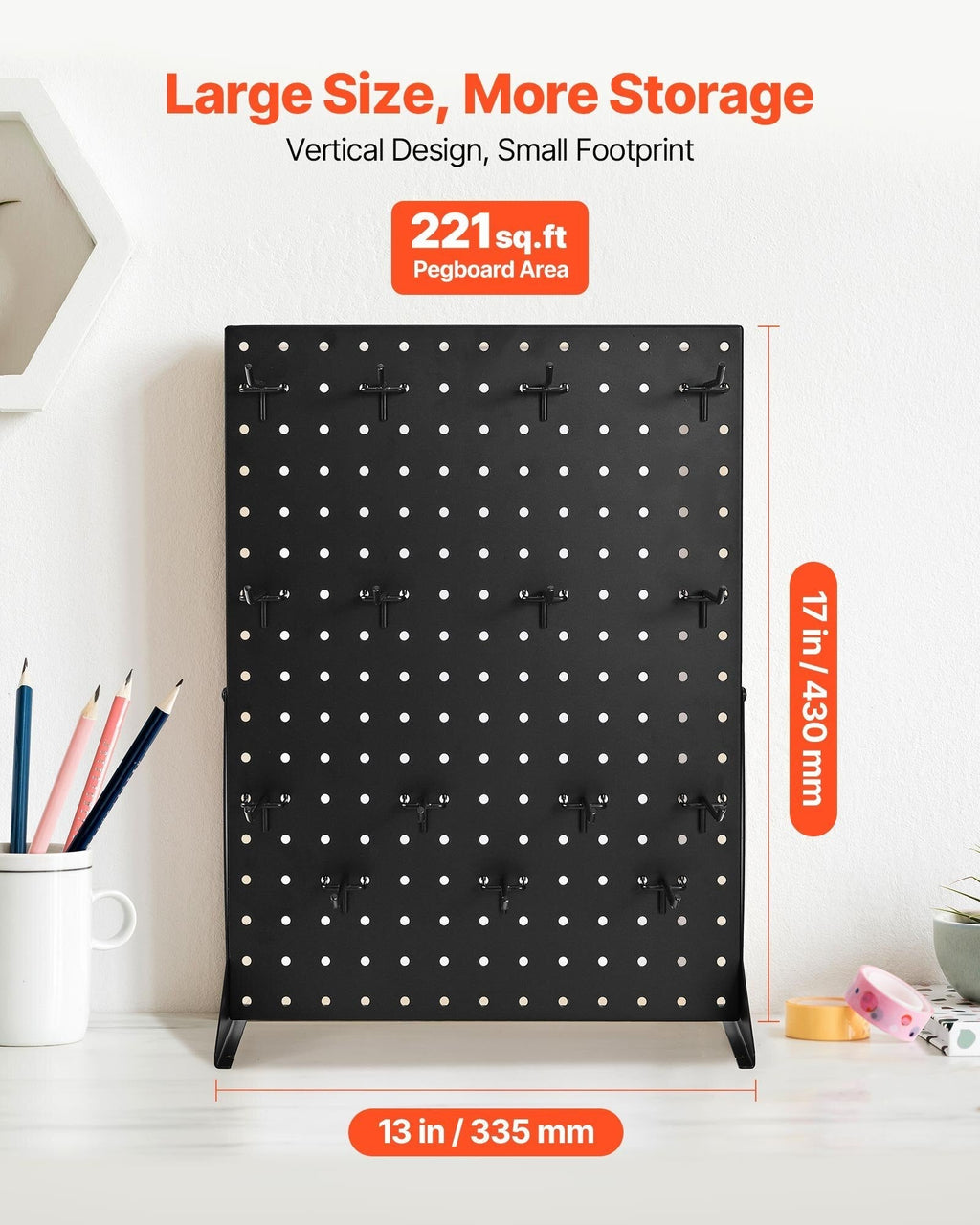 Pegboard Display Stand, 17 x 13 Inch Tabletop Pegboard Display Stand with 15 Hooks, Thickened Cold-Rolled Steel Peg Board Panel for Grocery, Retail Store and Jewelry Shop, Black (1 PCS)