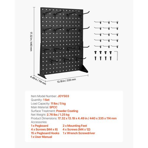 Pegboard Display Stand, 17 x 13 Inch Tabletop Pegboard Display Stand with 15 Hooks, Thickened Cold-Rolled Steel Peg Board Panel for Grocery, Retail Store and Jewelry Shop, Black (1 PCS)