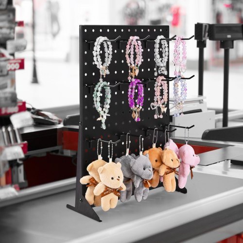 Pegboard Display Stand, 17 x 13 Inch Tabletop Pegboard Display Stand with 15 Hooks, Thickened Cold-Rolled Steel Peg Board Panel for Grocery, Retail Store and Jewelry Shop, Black (1 PCS)