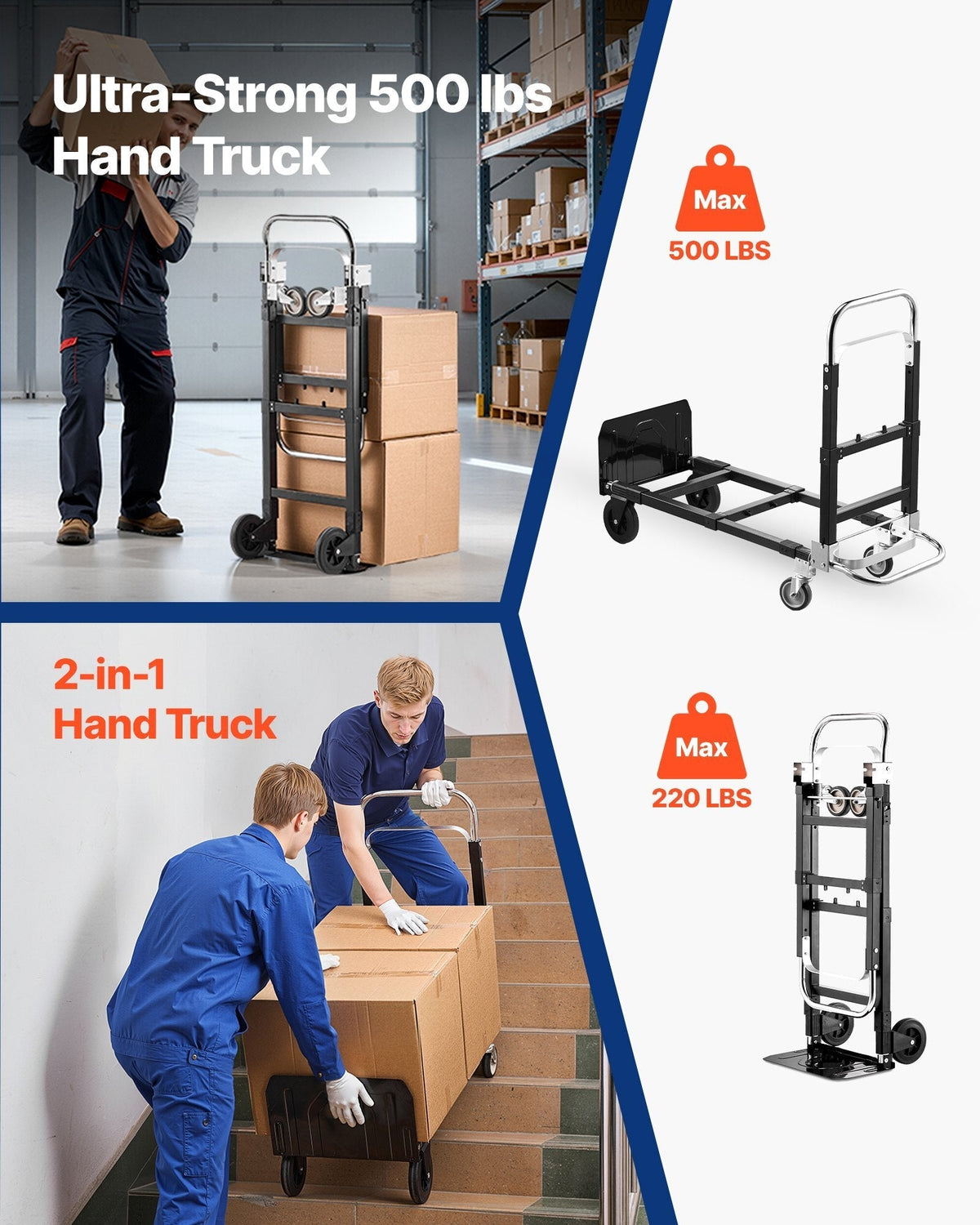 2 in 1 Folding Hand Truck, 500 lbs Load Capacity for 4-Wheel Mode, Convertible Hand Truck Dolly with Wheels & Adjustable Handle, Portable Dolly for Moving Home, Office, Warehouse