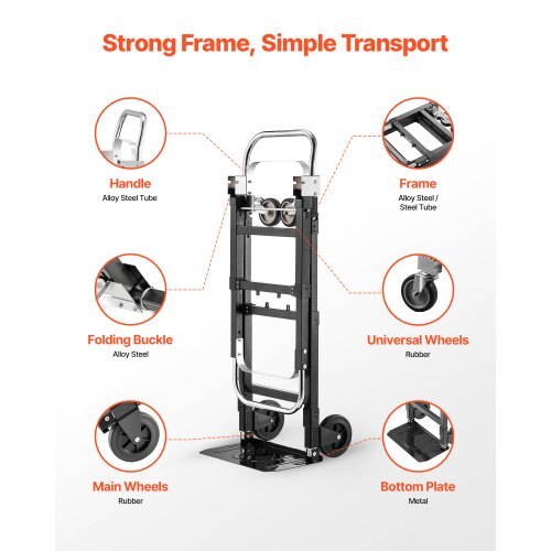 2 in 1 Folding Hand Truck, 500 lbs Load Capacity for 4-Wheel Mode, Convertible Hand Truck Dolly with Wheels & Adjustable Handle, Portable Dolly for Moving Home, Office, Warehouse