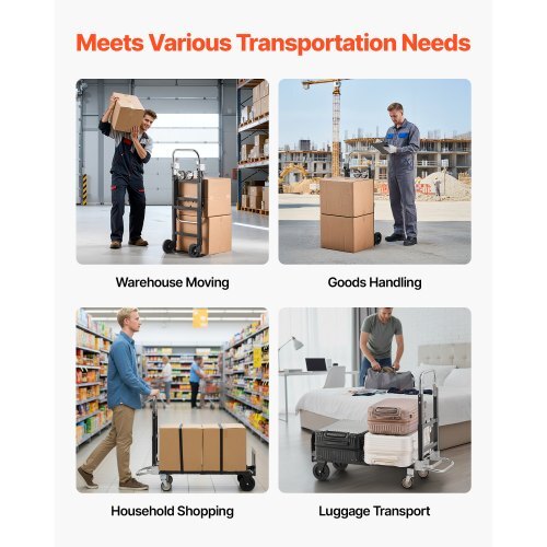 2 in 1 Folding Hand Truck, 500 lbs Load Capacity for 4-Wheel Mode, Convertible Hand Truck Dolly with Wheels & Adjustable Handle, Portable Dolly for Moving Home, Office, Warehouse